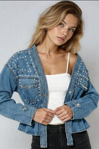 Studded Detail V-Neck Denim Jacket