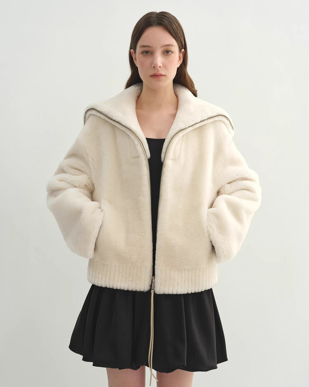 Women's Shearling Leather Coat | Short Navy Collar Merino Wool Blend ‘Butter Crisp’