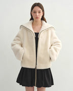 Women's Shearling Leather Coat | Short Navy Collar Merino Wool Blend ‘Butter Crisp’