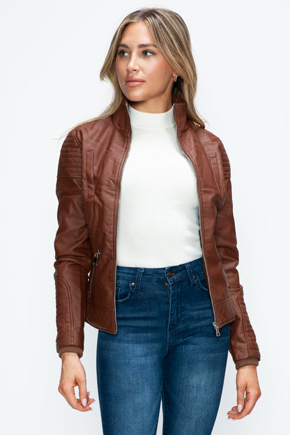 Faux Layered Double-Zipper Jacket with Fuzzy Hood Brown