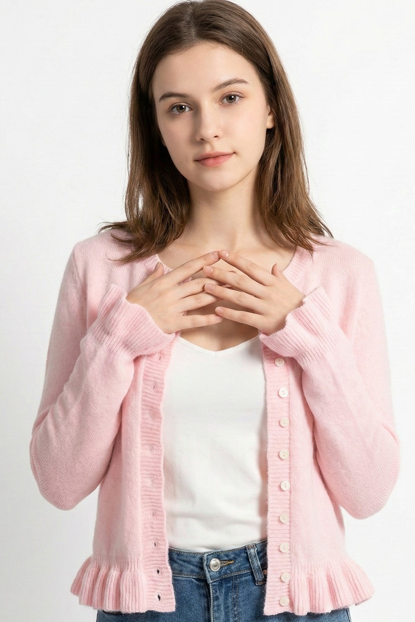 Sweetheart Ruffle-Trim Cardigan | Pale Pink