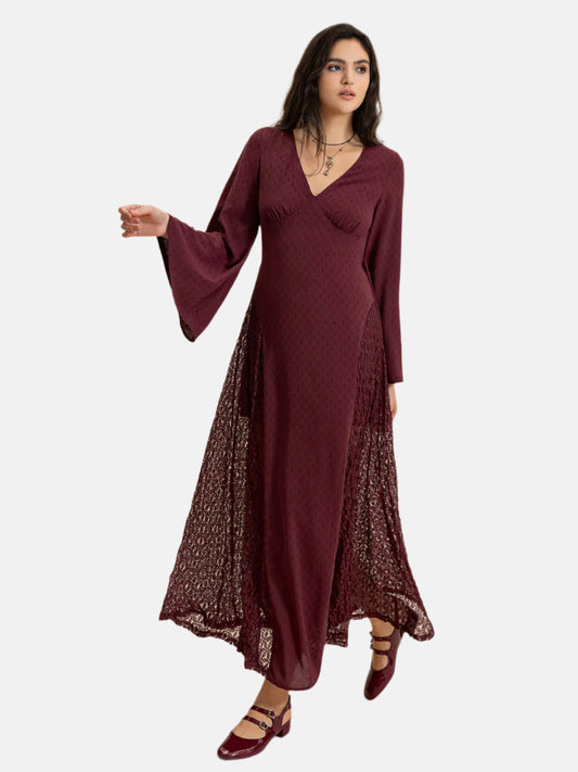 Lace Patchwork V-Neck Long Sleeve Midi Dress