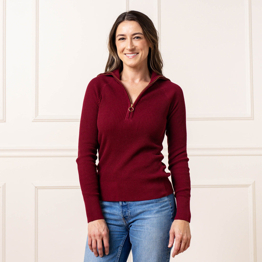 Organic Fine Gauge Half Zip Sweater | Dark Red