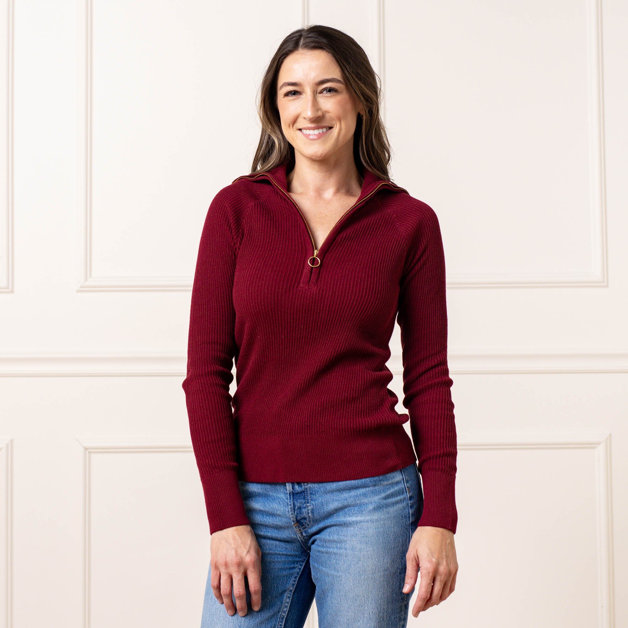 Organic Fine Gauge Half Zip Sweater | Dark Red