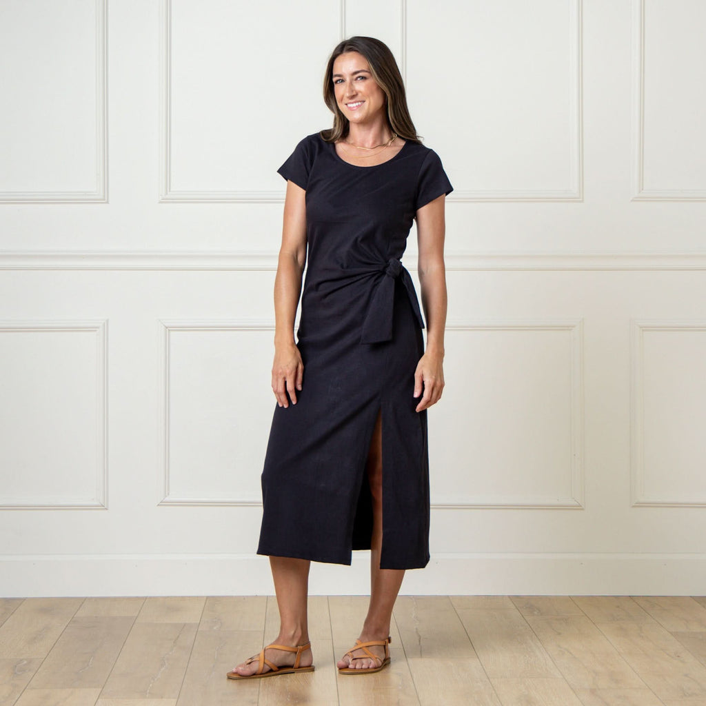 Organic Knit Tie Midi Dress | Black
