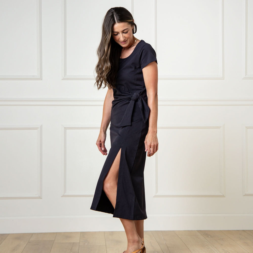 Organic Knit Tie Midi Dress | Black