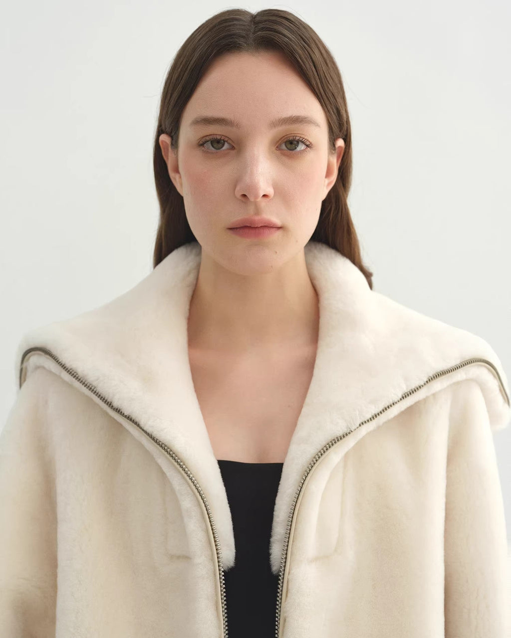 Women's Shearling Leather Coat | Short Navy Collar Merino Wool Blend ‘Butter Crisp’