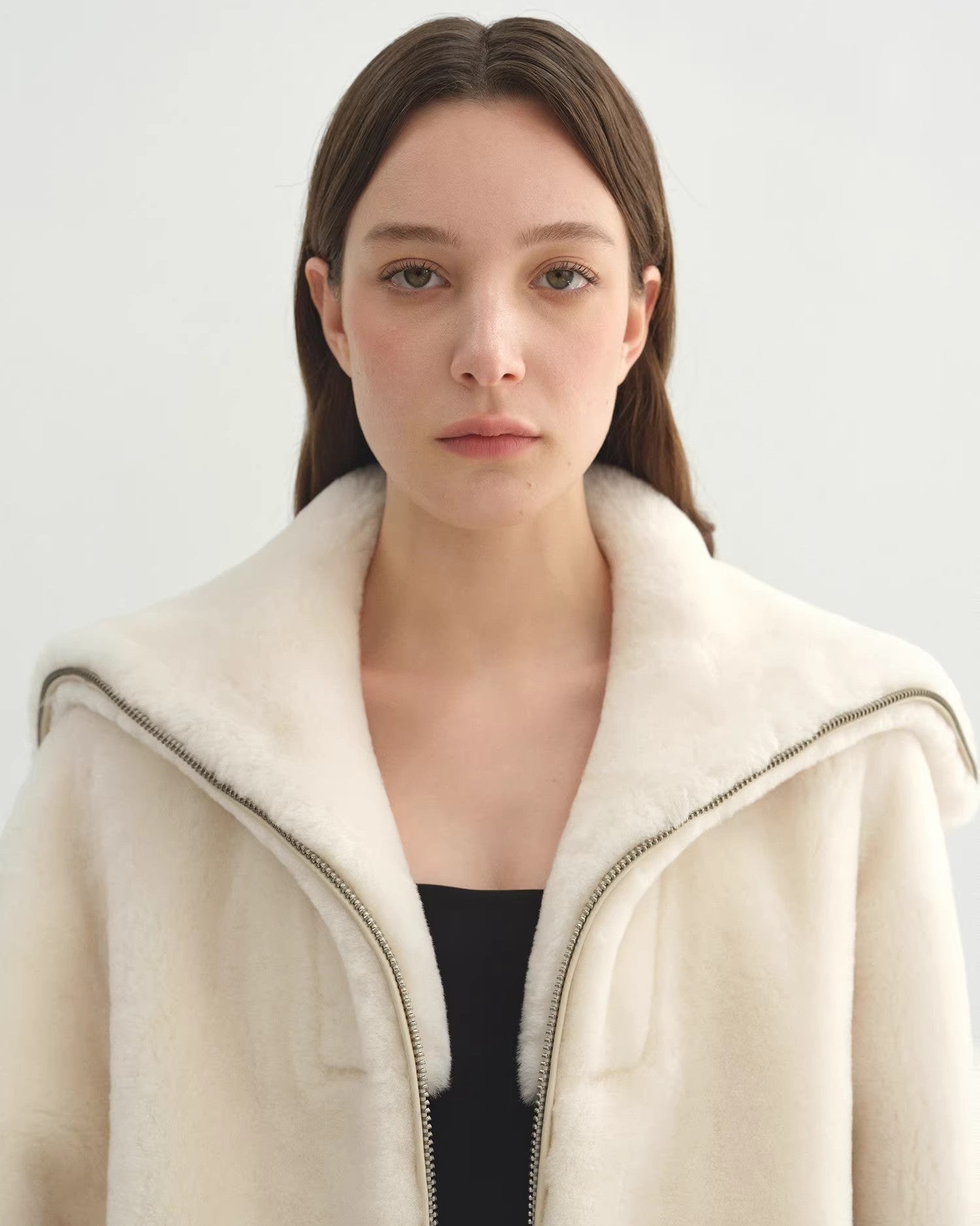 Women's Shearling Leather Coat | Short Navy Collar Merino Wool Blend ‘Butter Crisp’