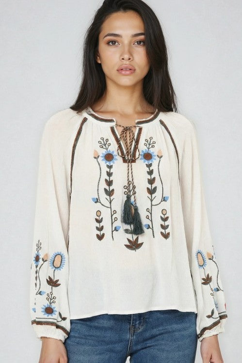 Miss Sparkling Bohemian Embroidered Floral  Blouse