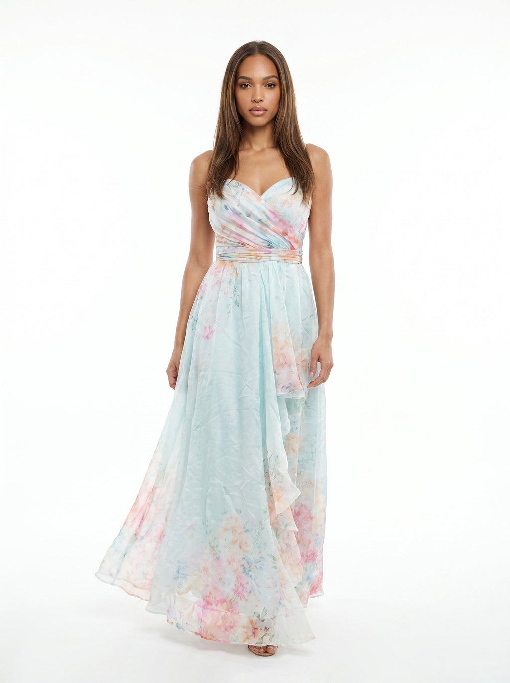 Ethereal Watercolor Floral Sweetheart Chiffon Gown