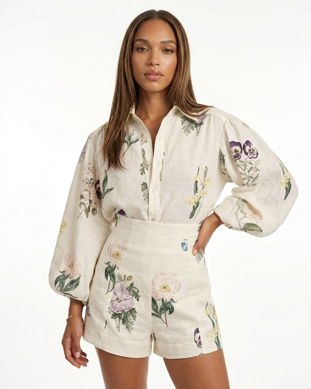 Painterly Botanical Linen Blouson Two-Piece Set