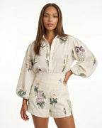 Painterly Botanical Linen Blouson Two-Piece Set