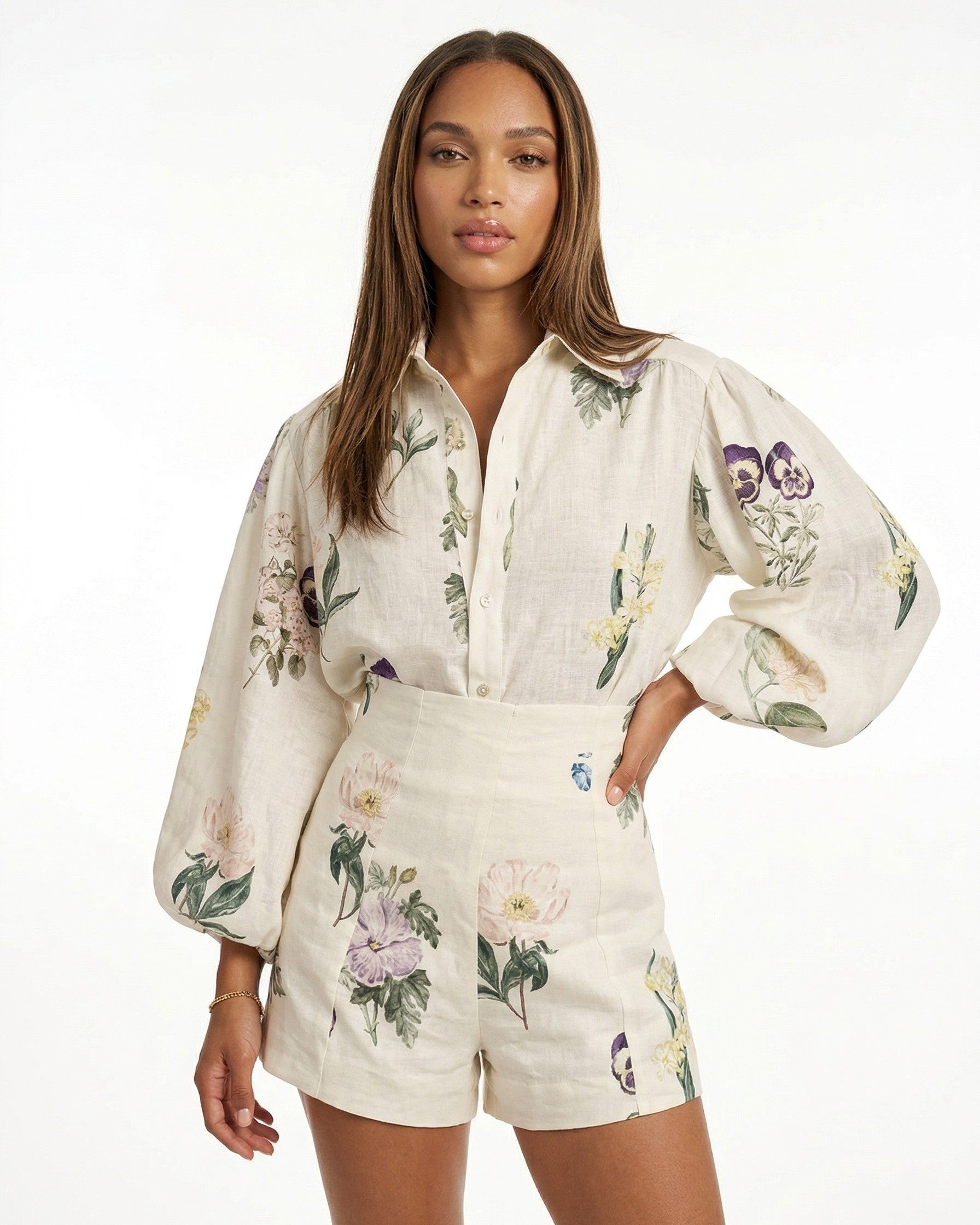 Painterly Botanical Linen Blouson Two-Piece Set