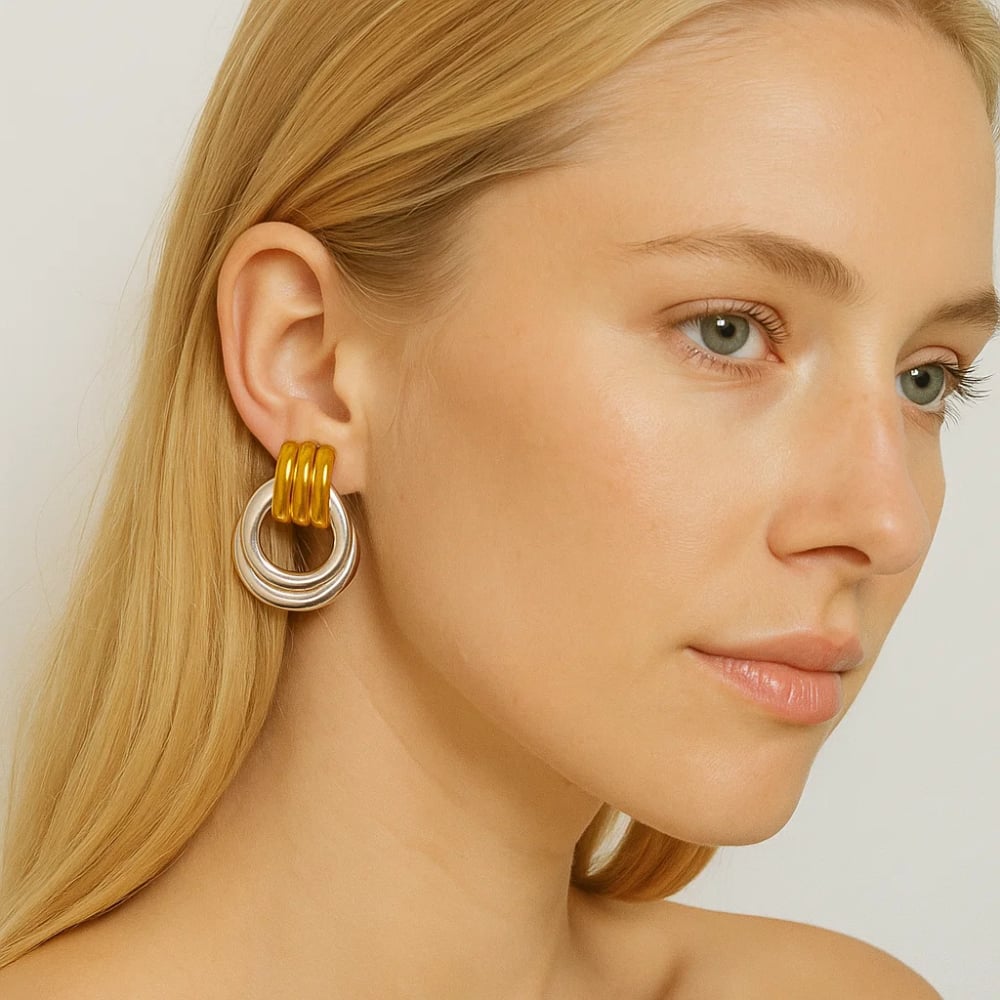 Luna Link Mixed Metal Two-Tone Earrings Retro-Chic Circle Drops