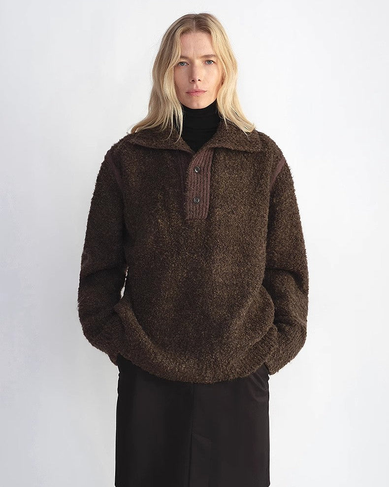 Alpaca Wool Blend Bouclé Yarn Spliced Polo Sweater Shirt