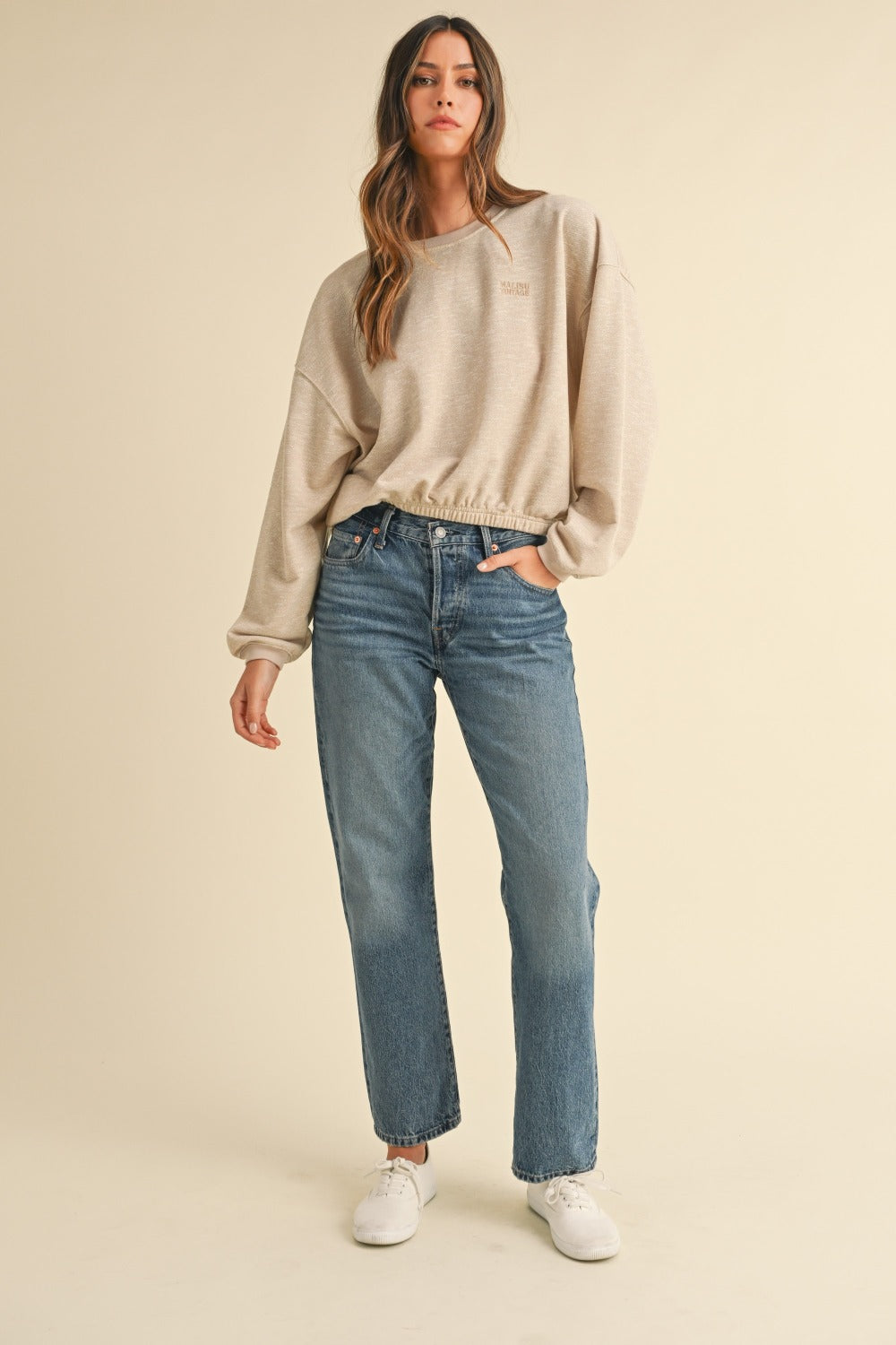 Letter Embroidery Crop Sweatshirt Taupe