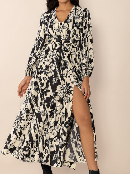 Floral Print Tied V-Neck Long Sleeve Midi Dress