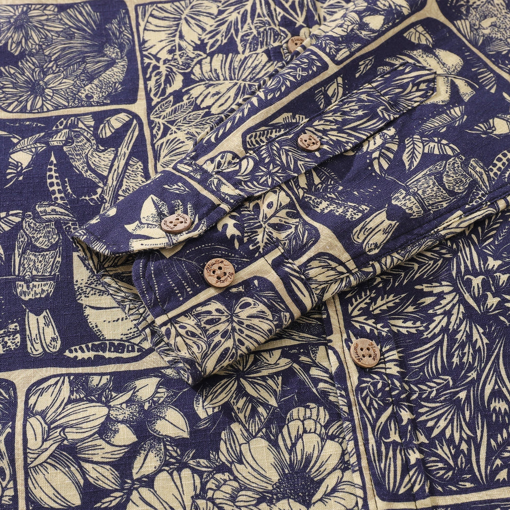 Vintage Men's Hawaiian Jungle Cotton Button-Down Long Sleeve Aloha Shirt