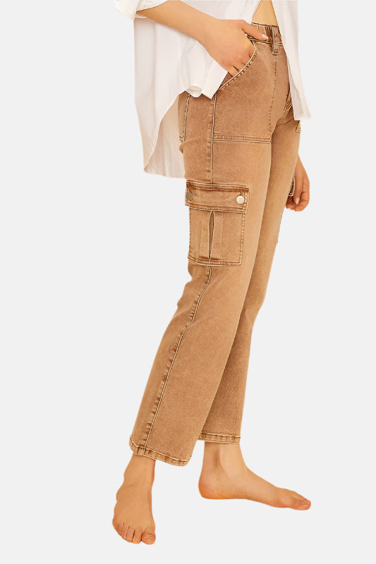 Straight Leg Jeans with Cargo Pockets Brown