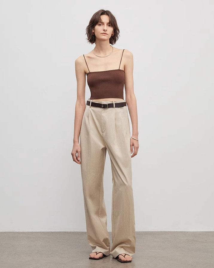 Spliced Double-Pleat Wide Leg Straight Trousers