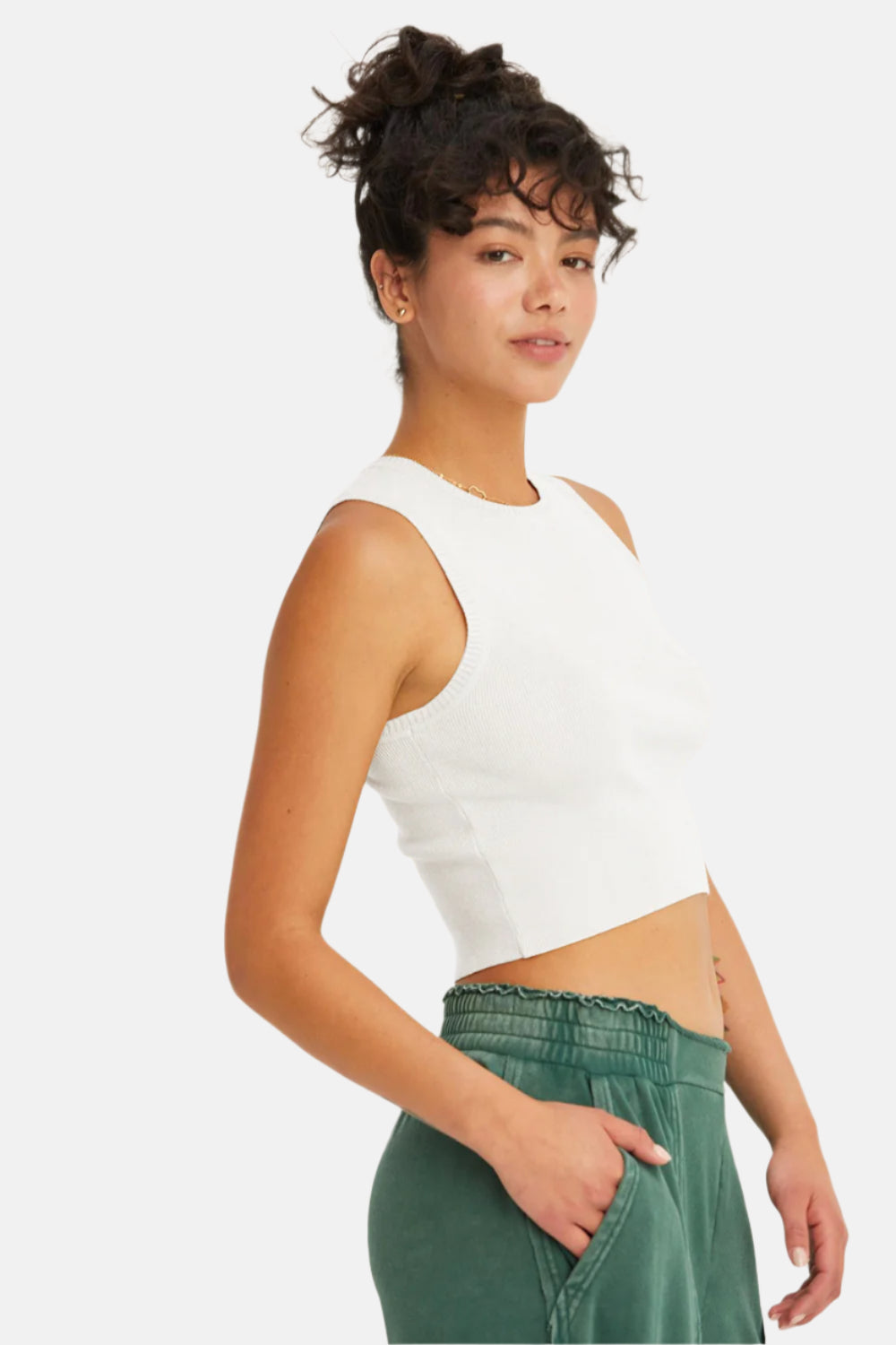 Off White Ribbed Knit Cropped Tank