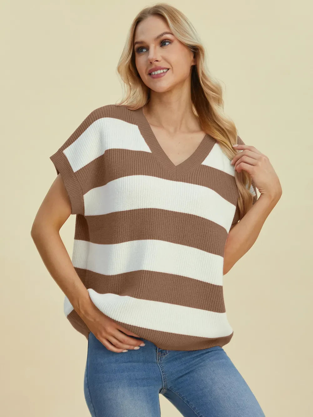 Double Take Striped V-Neck Short Sleeve Sweater