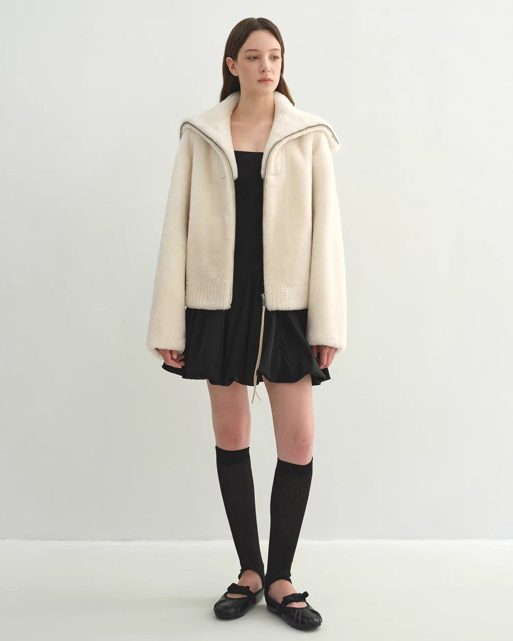 Women's Shearling Leather Coat | Short Navy Collar Merino Wool Blend ‘Butter Crisp’