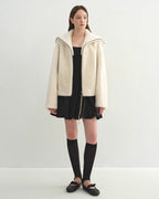 Women's Shearling Leather Coat | Short Navy Collar Merino Wool Blend ‘Butter Crisp’