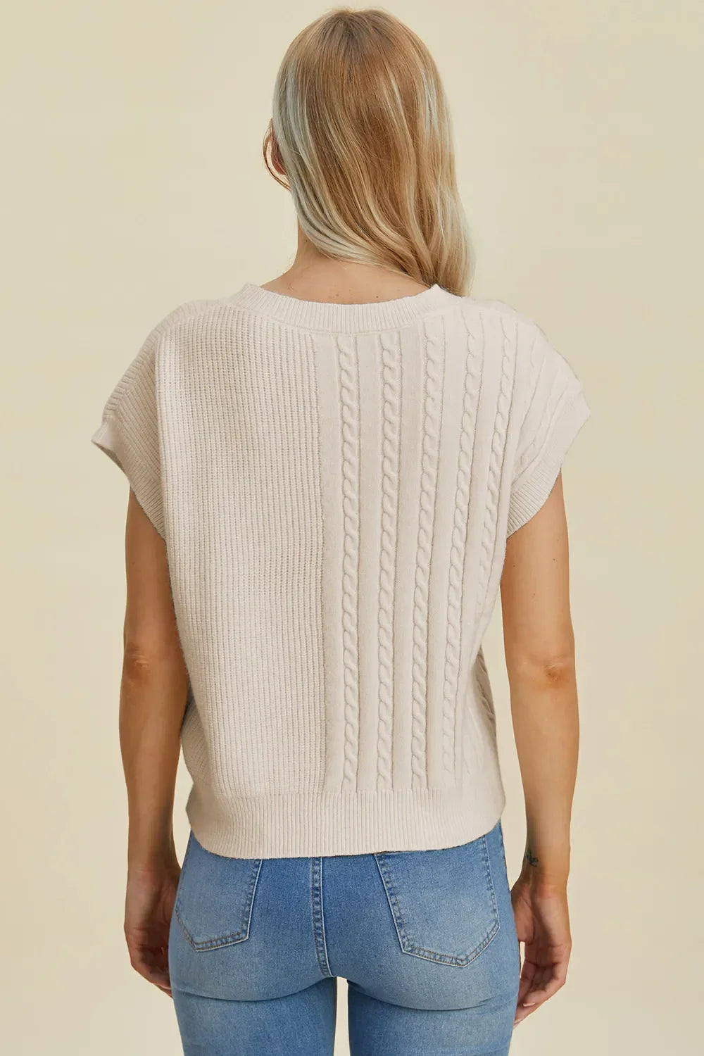 Double Take Cable-Knit Round Neck Short Sleeve Sweater