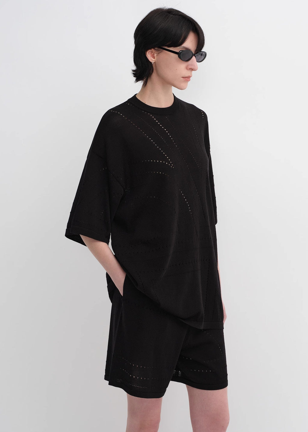 Customized Acetate Cotton Geometric Lines Knitted Suit | Black