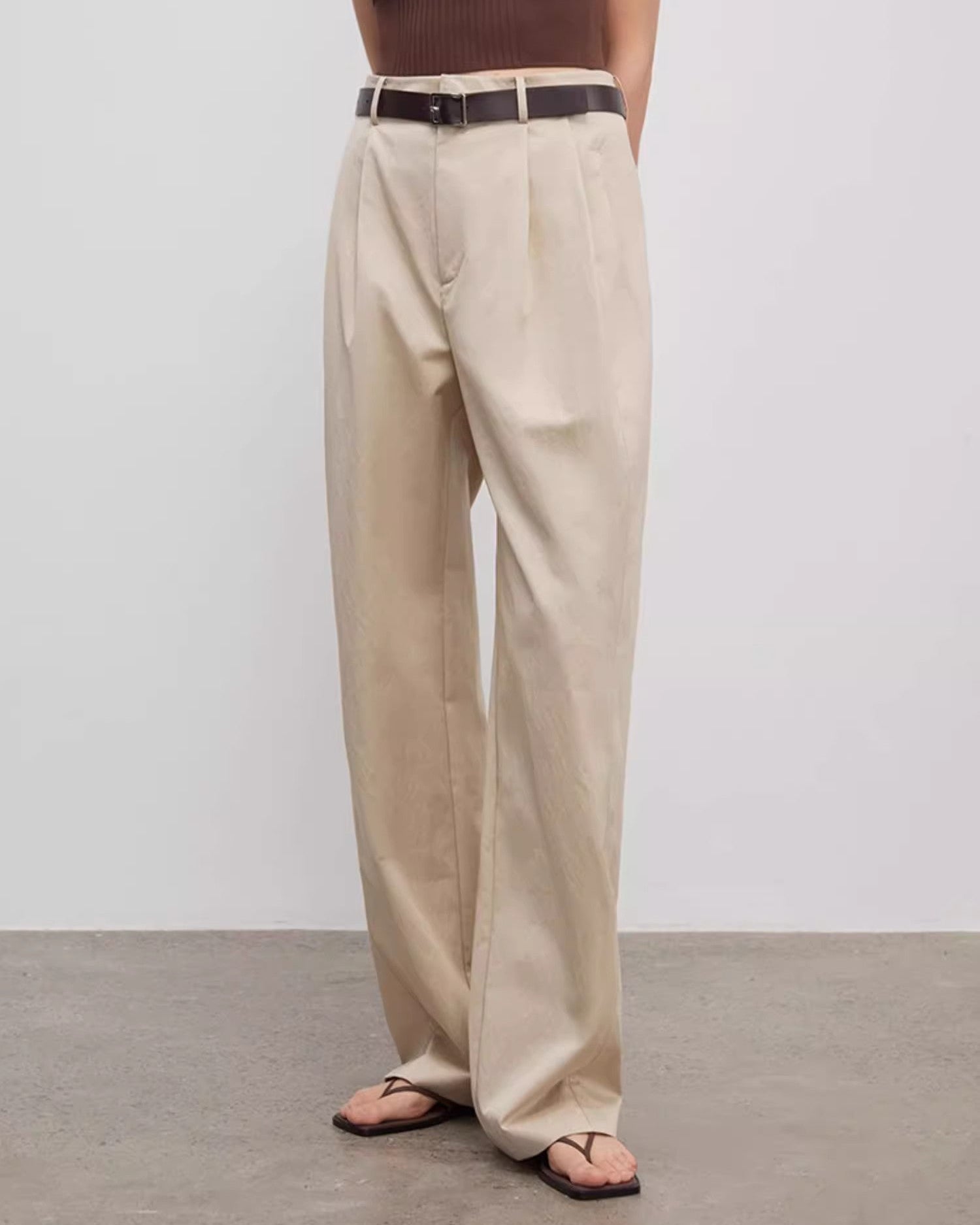 Spliced Double-Pleat Wide Leg Straight Trousers