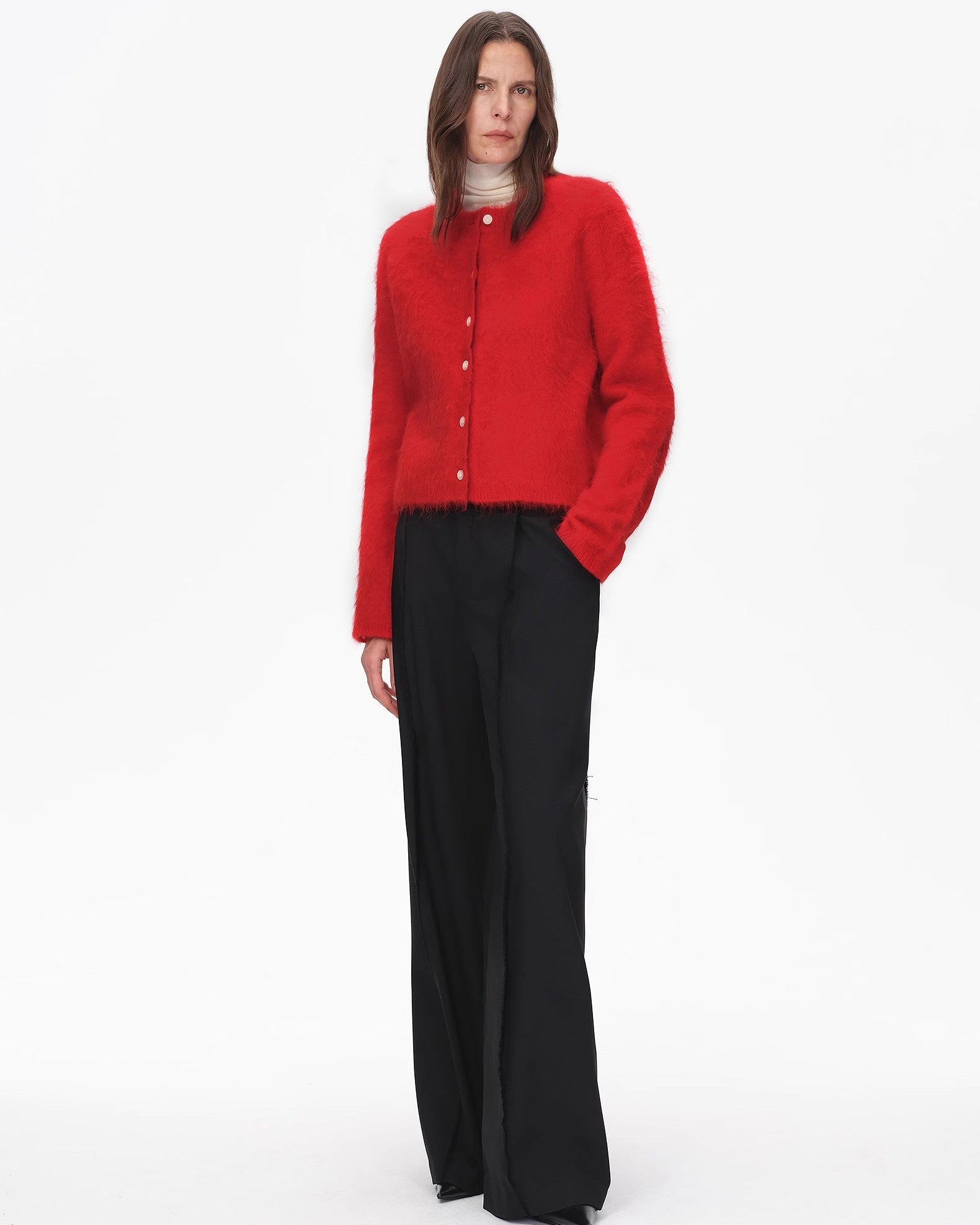 Albaca Alpaca Brushed Round Neck Straight Cardigan