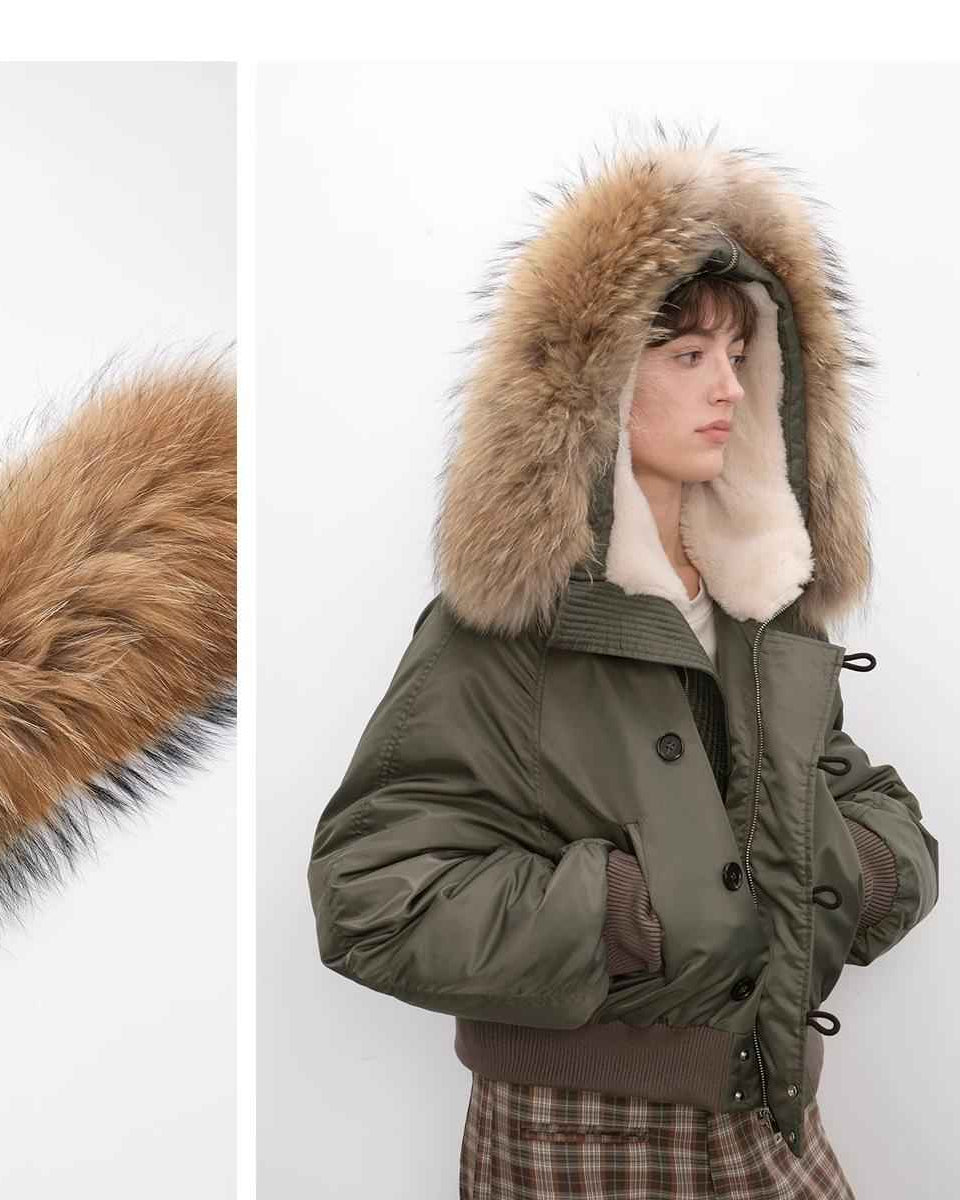 Fireladyfur Warm Short Jacket with a Large Fur Hood and Raccoon Fur 'Cool and Sharp'