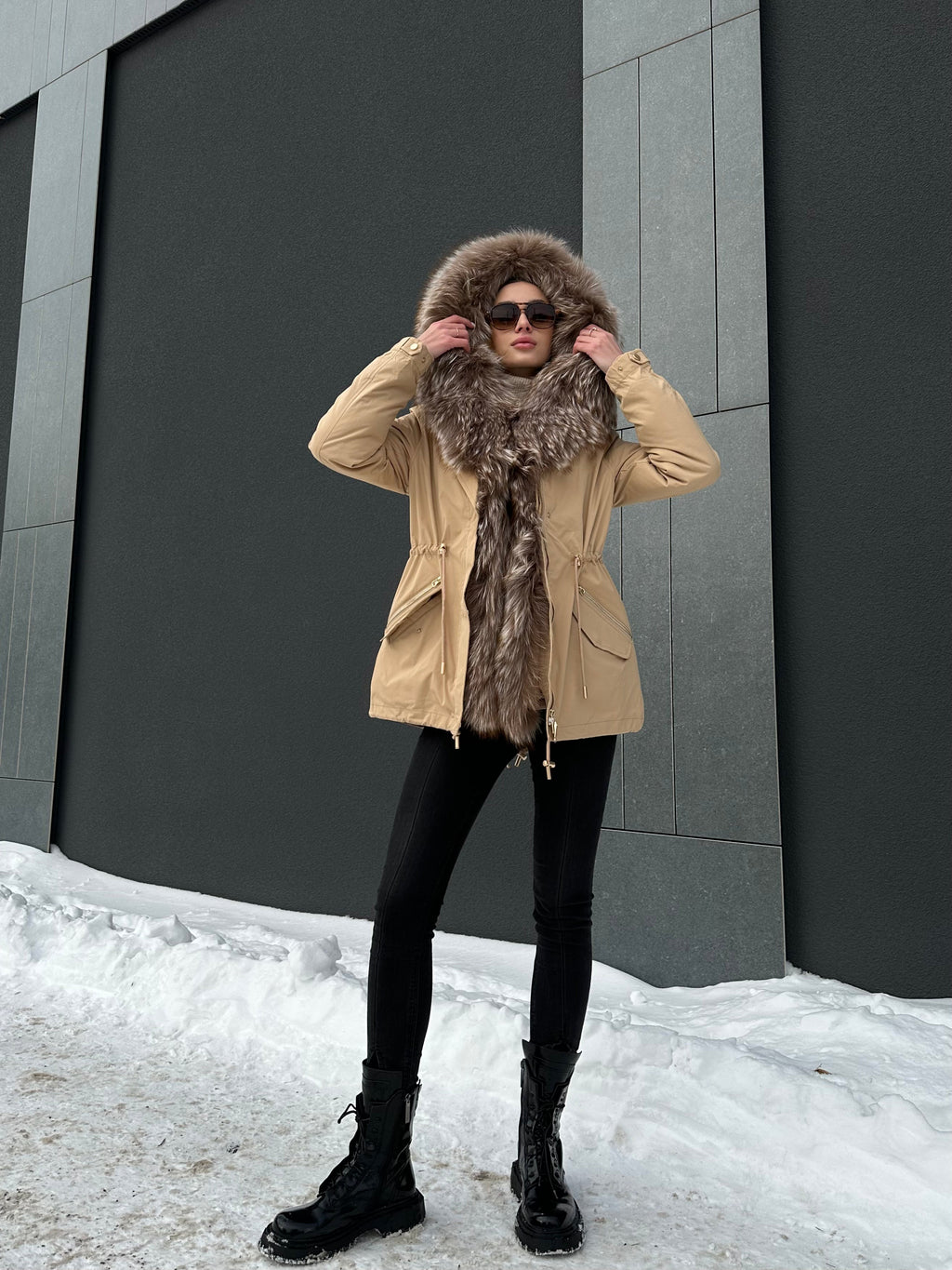 Genuine Silver Fur Trim Parka with Rabbit Fur Insulation Khaki