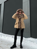 Genuine Silver Fur Trim Parka with Rabbit Fur Insulation Khaki