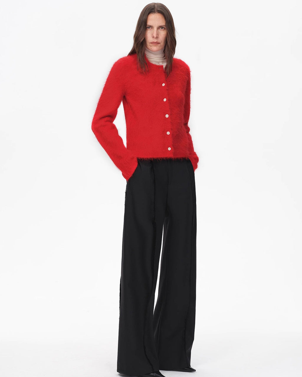 Albaca Alpaca Brushed Round Neck Straight Cardigan