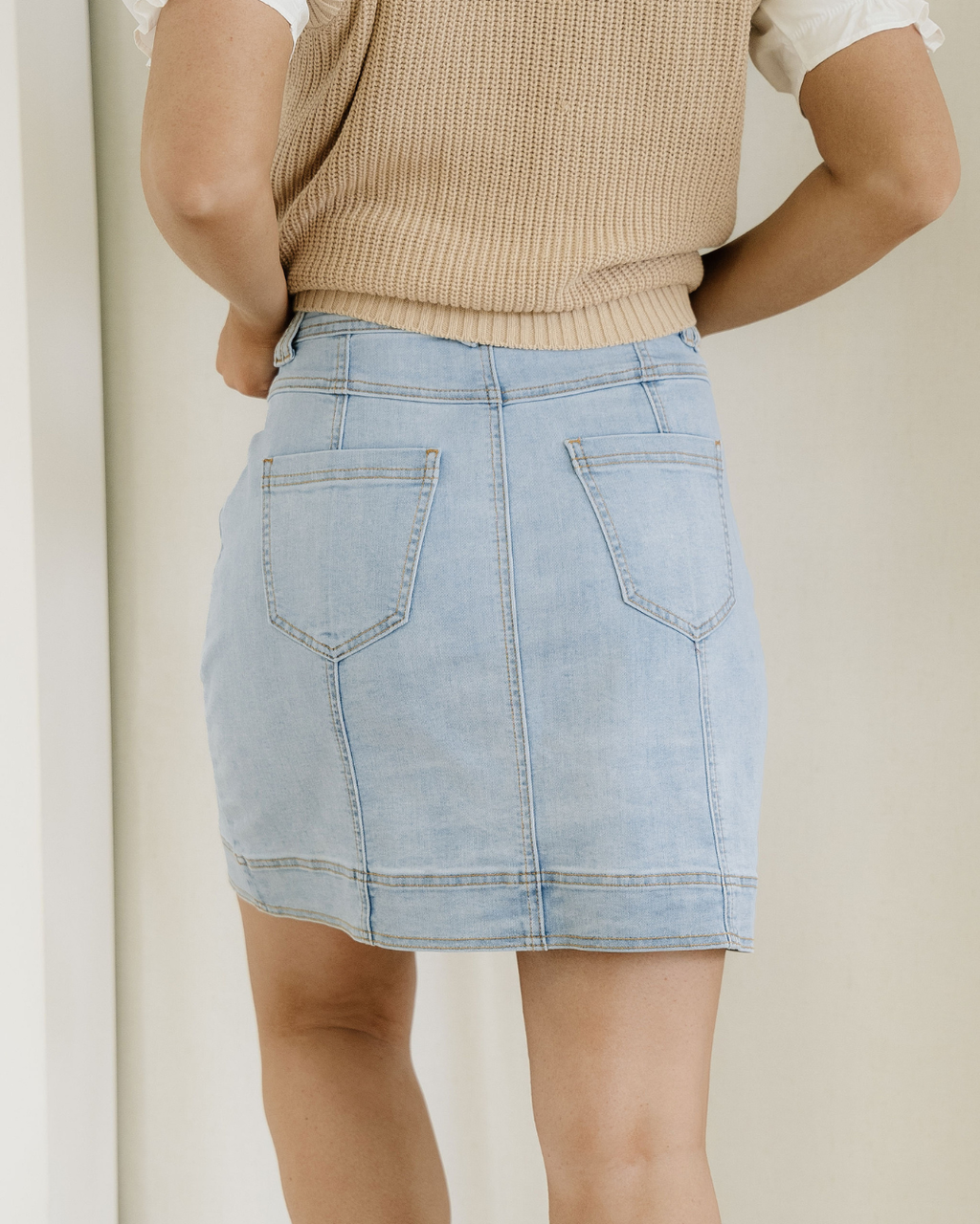 Juliet Exposed Seam Detail A-Line Denim Mini Skirt with Pockets
