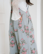 Floral Pleated Wide Leg Denim Overalls