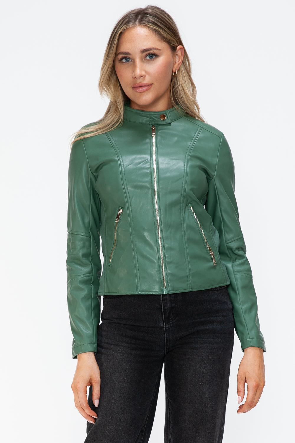 Sage Leather Zip-Up Drawstring Hooded Jacket