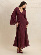 Lace Patchwork V-Neck Long Sleeve Midi Dress