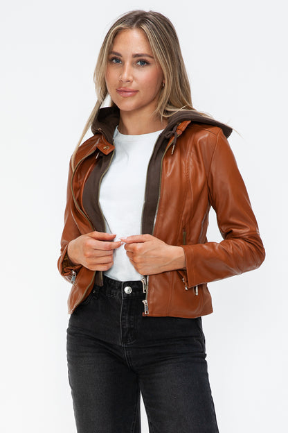 Camel Leather Zip-Up Drawstring Hooded Jacket