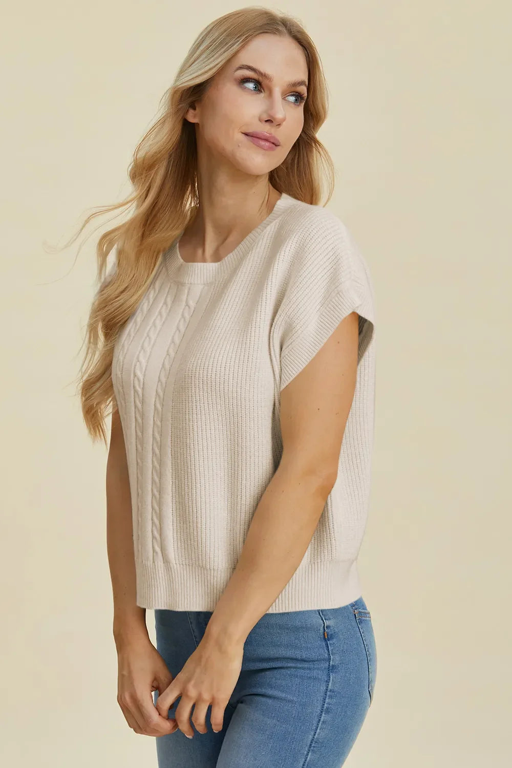 Double Take Cable-Knit Round Neck Short Sleeve Sweater