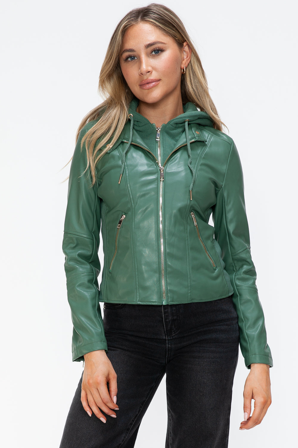 Sage Leather Zip-Up Drawstring Hooded Jacket