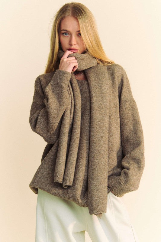 V-Neck Dropped Shoulder Sweater with Scarf Choco