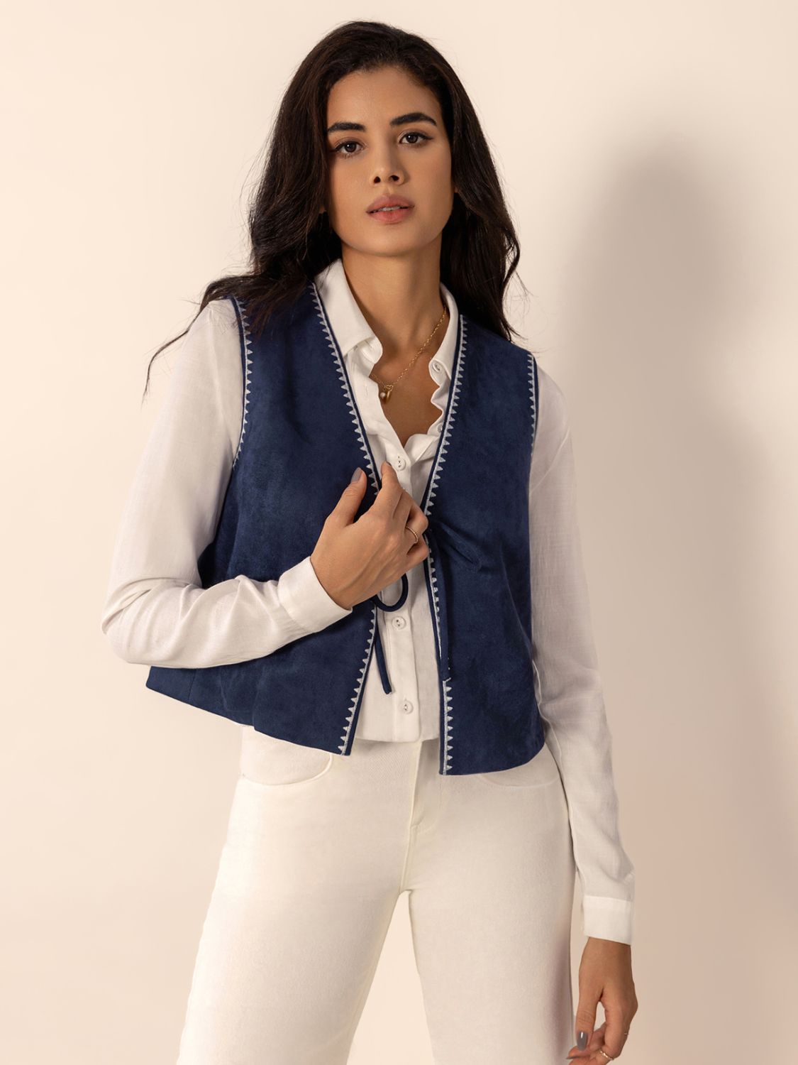 Navy Blue Tied Contrast Trim Vest