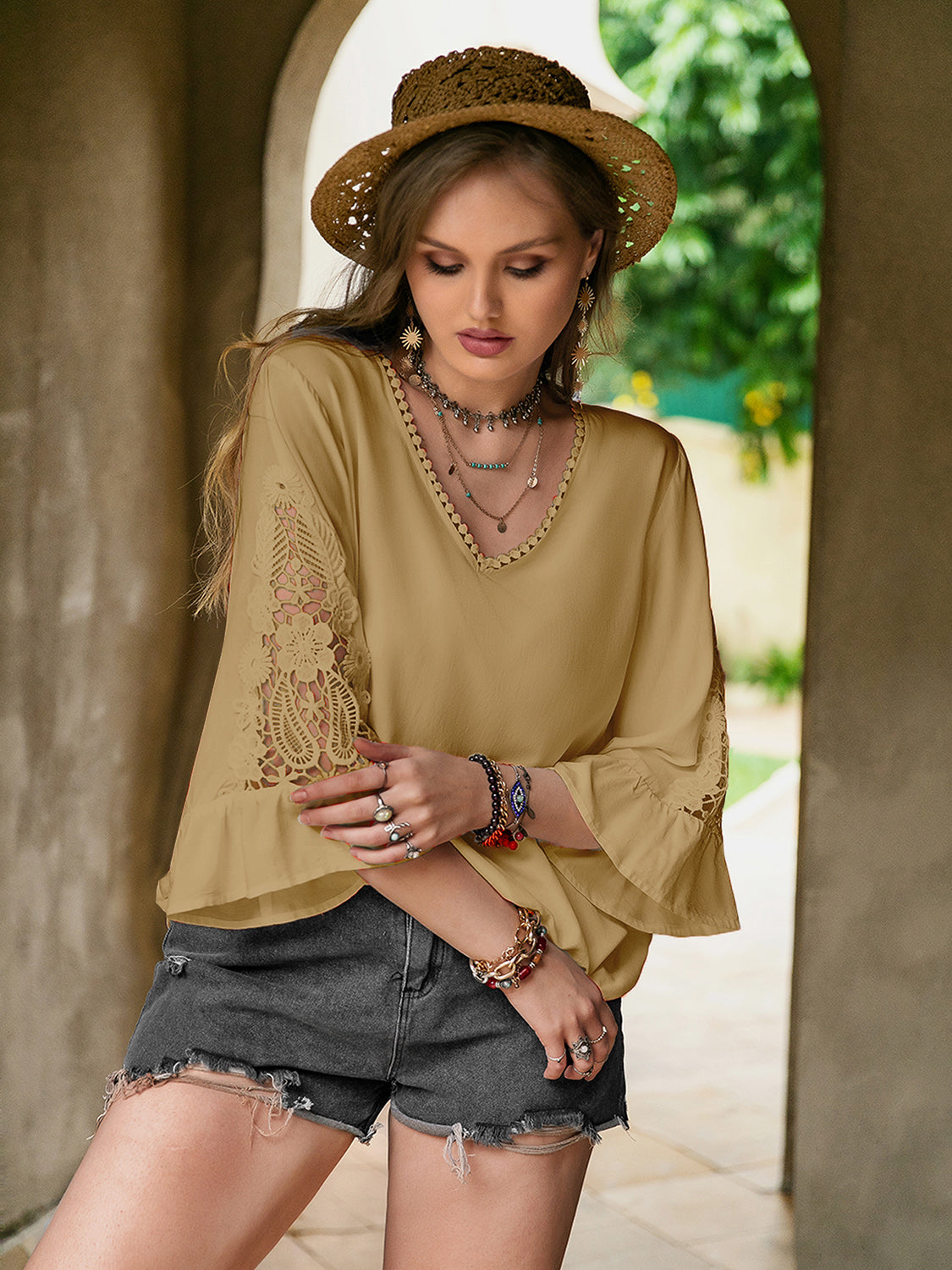 Lace Detail V-Neck Flounce Sleeve Blouse