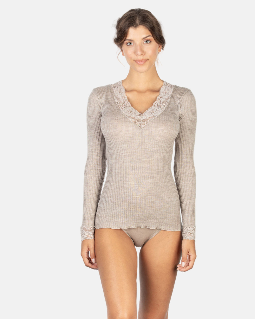 EGI Exclusive Merino Wool Blend Top V-Neck Lace Trim Long Sleeves | 303