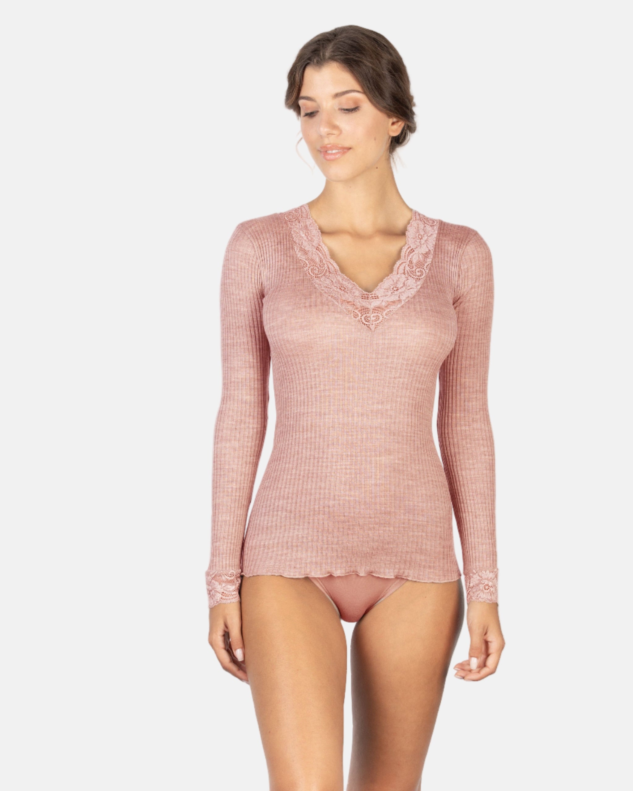 EGI Exclusive Merino Wool Blend Top V-Neck Lace Trim Long Sleeves | 303