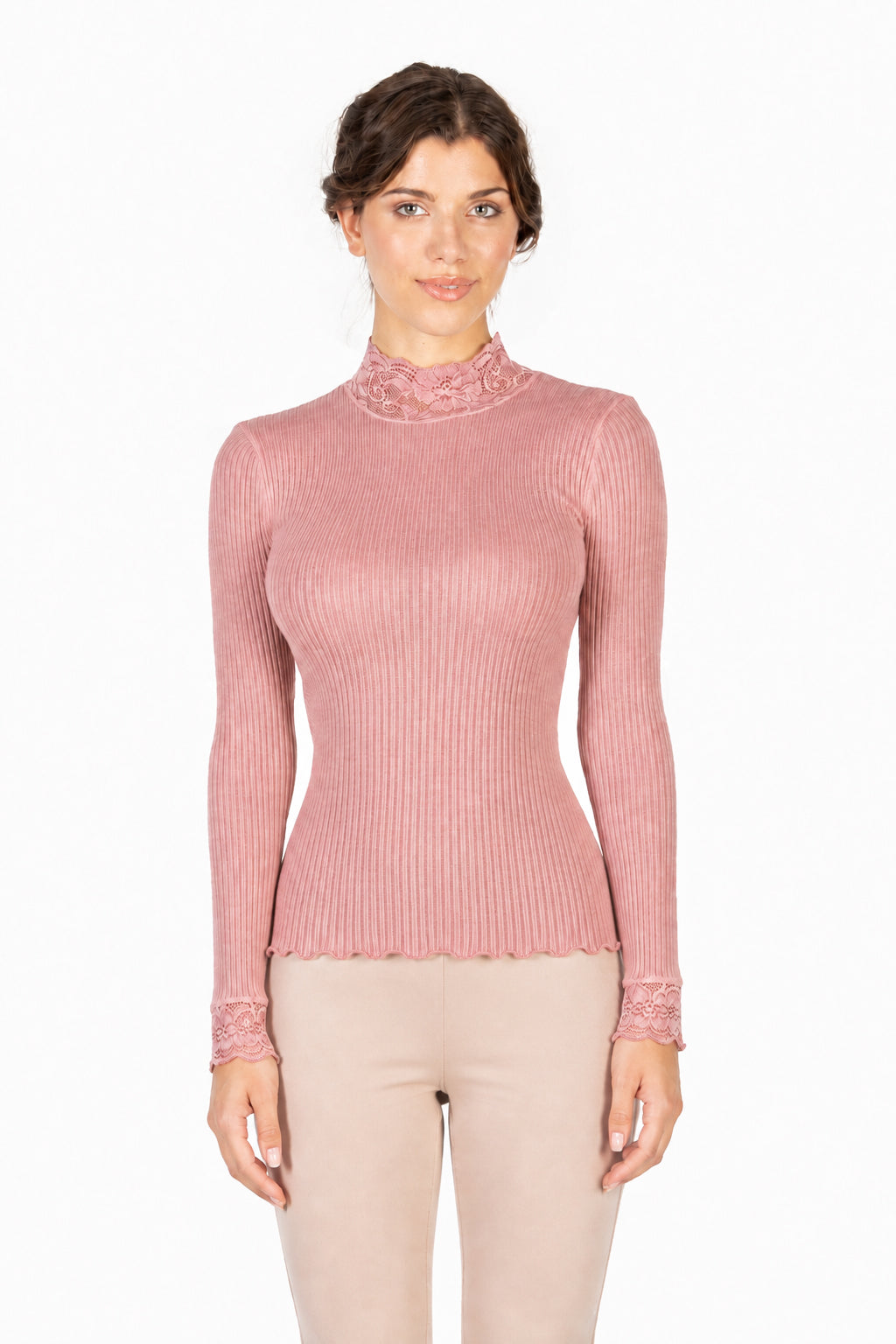 EGI Exclusive Collections Merino Wool Blend Top Mock Neck Lace Trim Long Sleeves