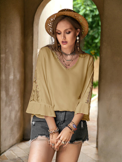 Lace Detail V-Neck Flounce Sleeve Blouse